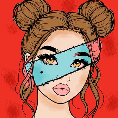 realistic girl with two buns on her hair and lips