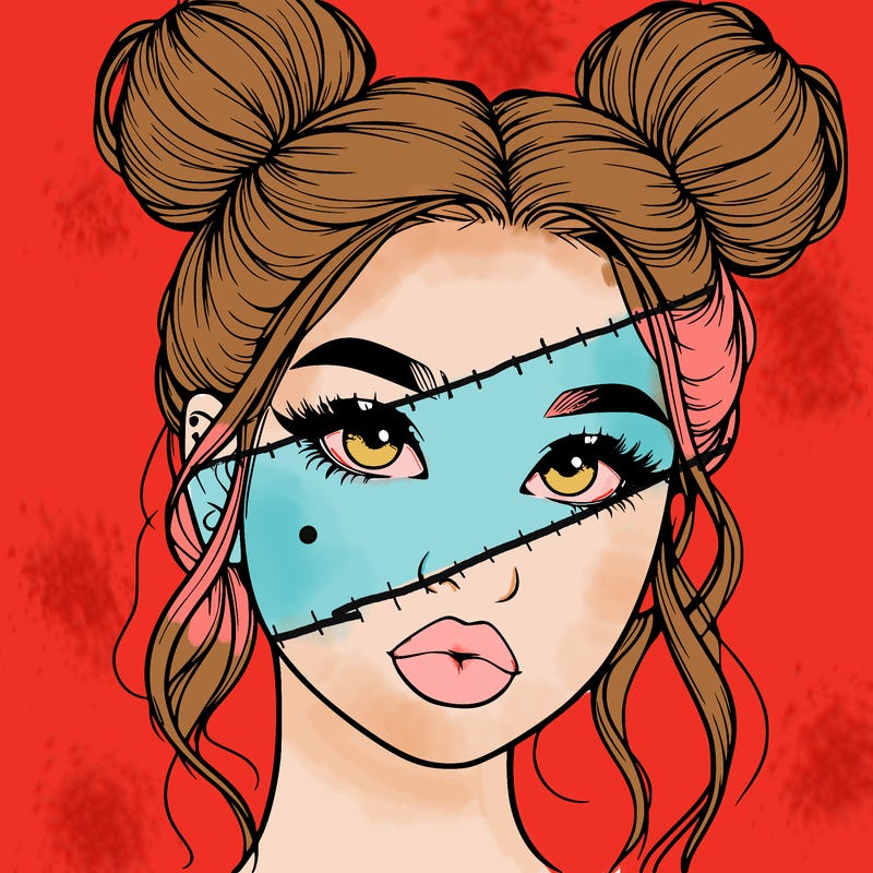 realistic girl with two buns on her hair and lips