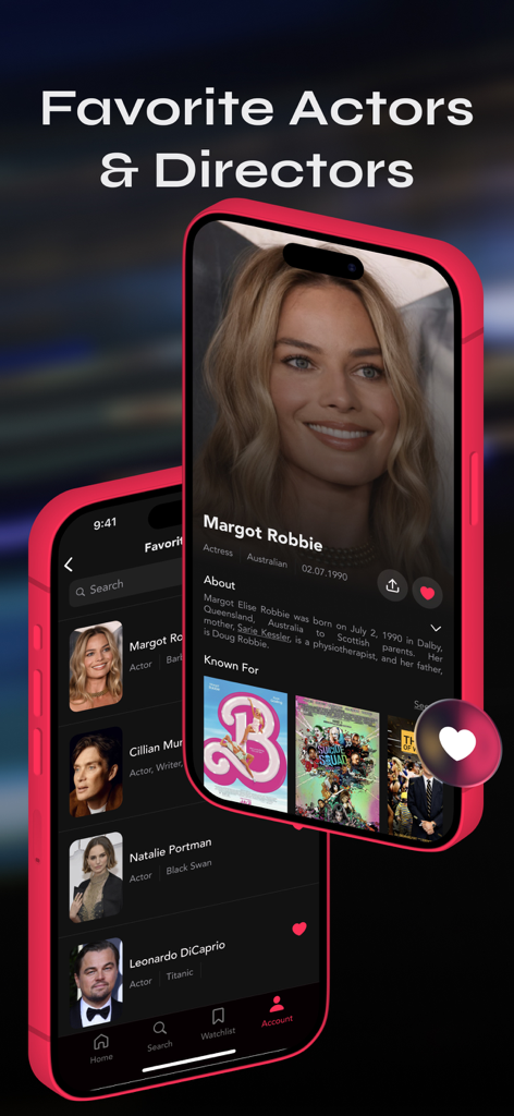 ClipFix: Movie Shazam - ClipFix app interface showing favorite actors and directors list with a detailed profile for Margot Robbie