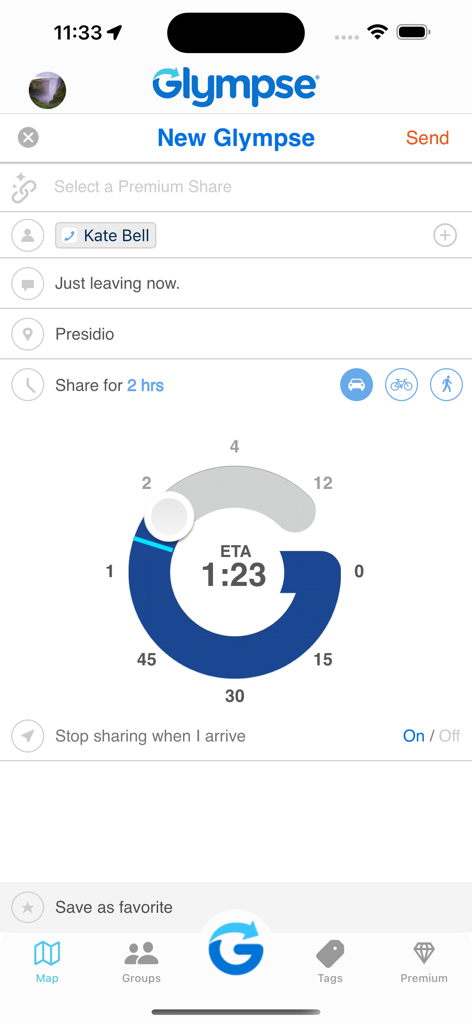 The Glympse app interface for creating a new temporary location share with recipient details and an ETA timer dial.