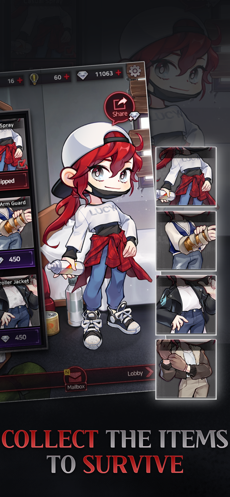 Havenless- Thriller Otome Game - Havenless character customization screen showing outfits and survival items