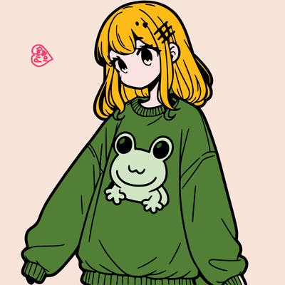 girl wearing frogging sweatshirt