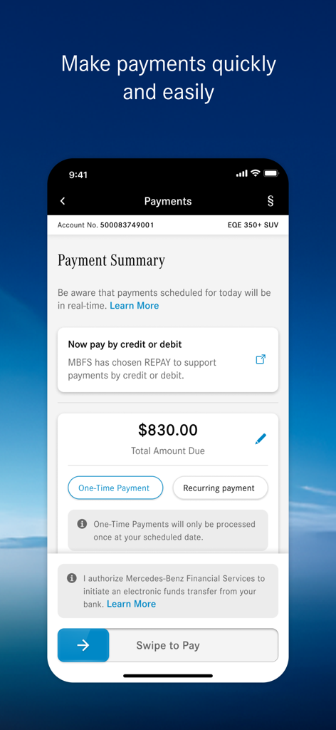 A screenshot of the Mercedes-Benz Finance app showing the payment summary page with an 830 dollar balance and a swipe to pay button
