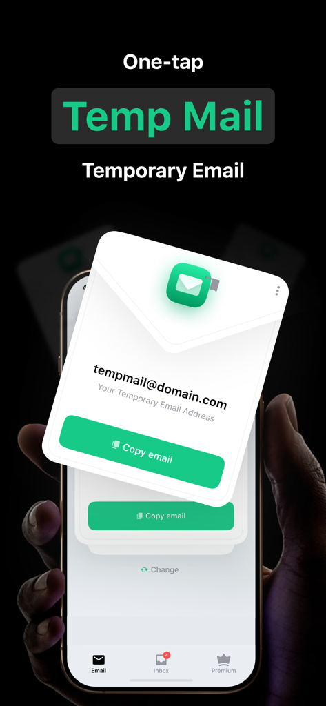 Eine Hand hält ein Smartphone, das die Benutzeroberfläche der Temp Mail App mit einer generierten temporären E-Mail-Adresse und einem grünen 'E-Mail kopieren'-Button zeigt