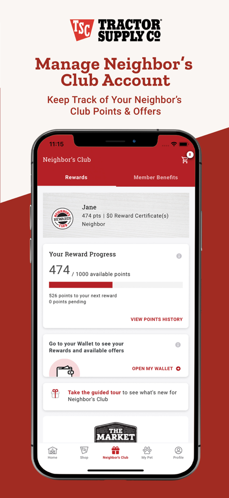 Tractor Supply app display of Neighbors Club loyalty points and reward progress.
