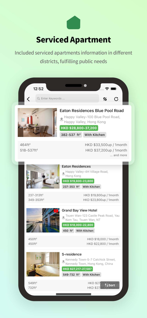 28Hse app interface showing serviced apartment listings in Hong Kong with rental prices