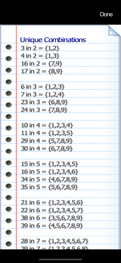 A list of unique number combinations for solving Kakuro logic puzzles displayed on a digital notebook page.