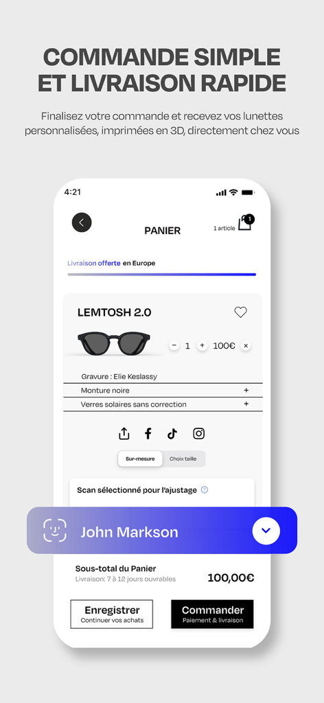VISAGES - The shopping cart interface of the VISAGES app showing a custom eyewear order with face scan integration