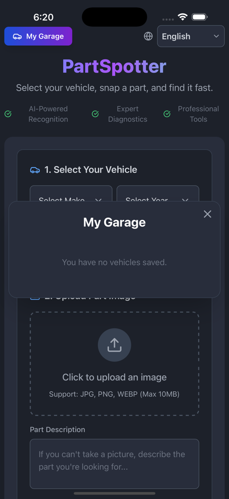 Interface of PartSpotter app showing the My Garage feature and vehicle selection menu for part identification