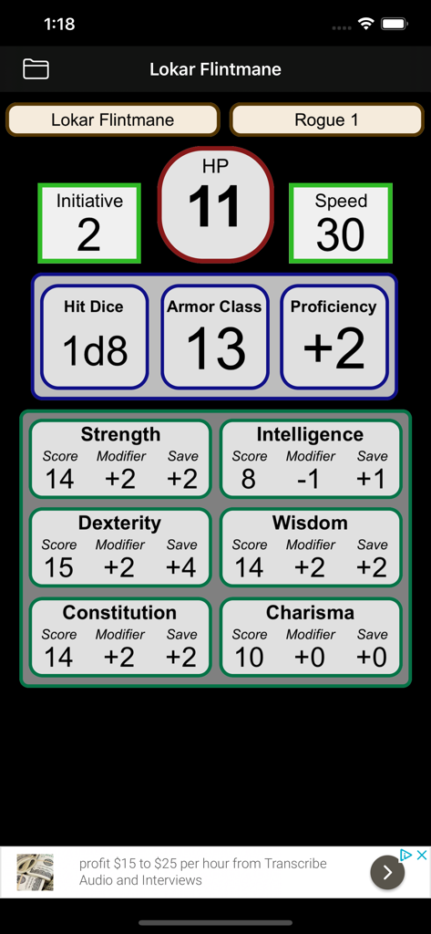 Dungeons and Dragons 5th edition character sheet app showing stats for a level one rogue including hit points armor class and ability scores