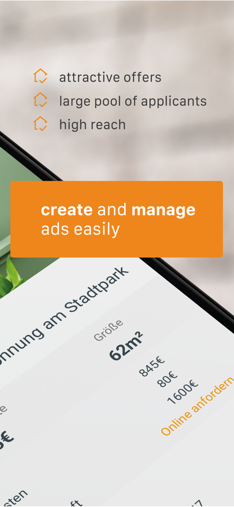 WG-Gesucht - Flats & Rooms - A mobile screen showing the create and manage ads feature for apartment rentals on the WG-Gesucht app.