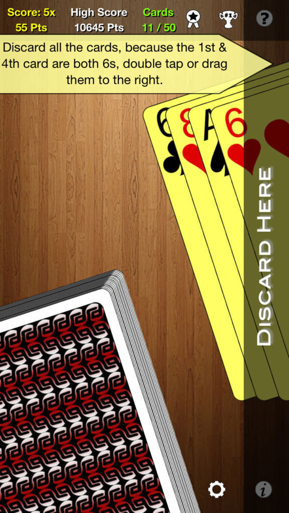 One Handed Solitaire - Gameplay screen of One Handed Solitaire showing card matching mechanics and tutorial instructions on a wooden background.