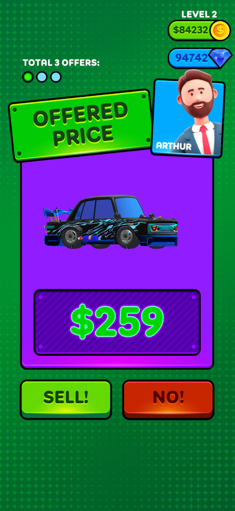 Driver's Journey - Uma tela de negociação de venda de carro em Driver's Journey mostrando uma oferta em dinheiro com opções de vender e rejeitar