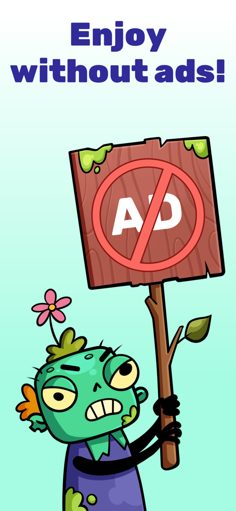 Math games: Zombie Invasion - A cartoon zombie character holding a wooden sign with a no ads symbol