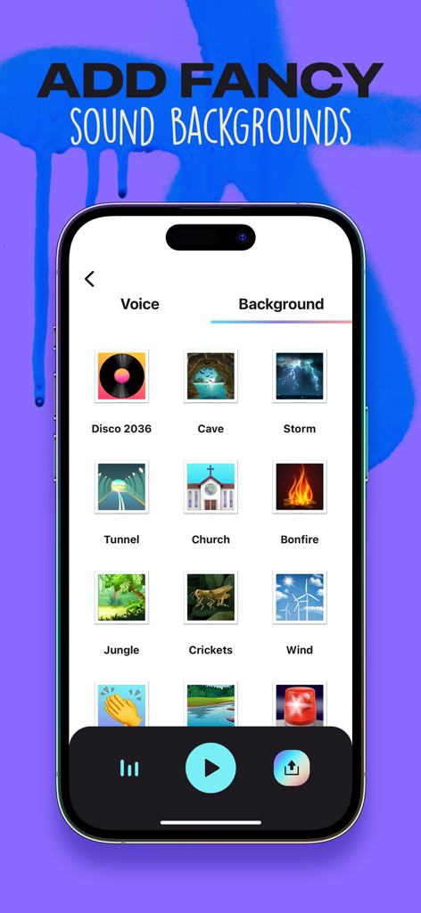 Interface of Revoice app showing background sound options like Storm Cave and Jungle