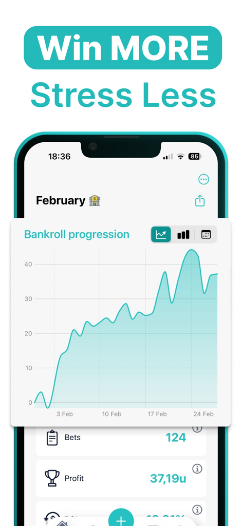 Bet Journal app screen showing an upward bankroll progression graph and monthly profit statistics