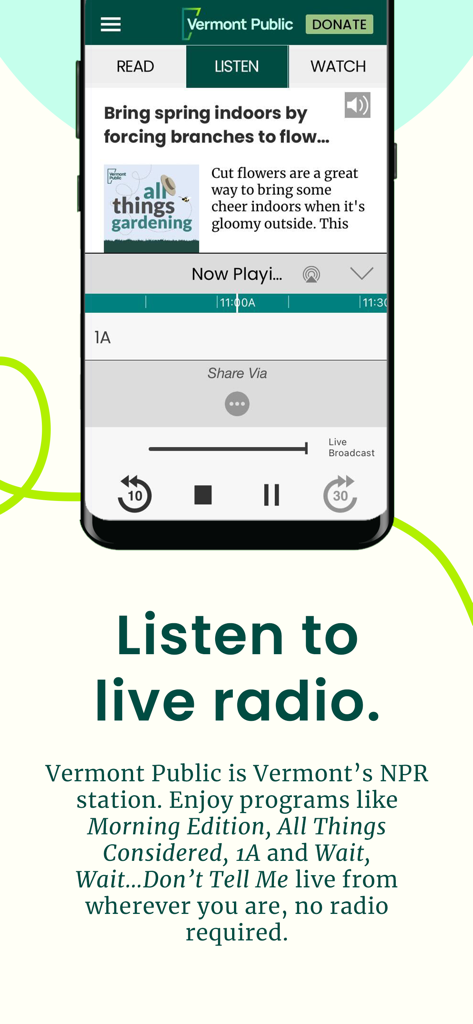 Vermont Public - Interface of the Vermont Public app showing live radio stream and local NPR programming