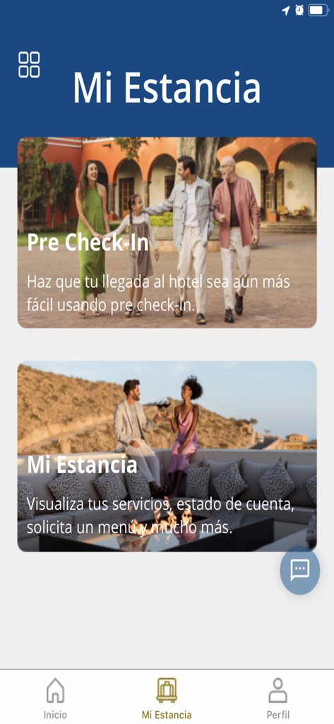 Fiesta Americana Travelty app My Stay screen featuring options for mobile pre check-in and managing hotel services with travel lifestyle imagery.