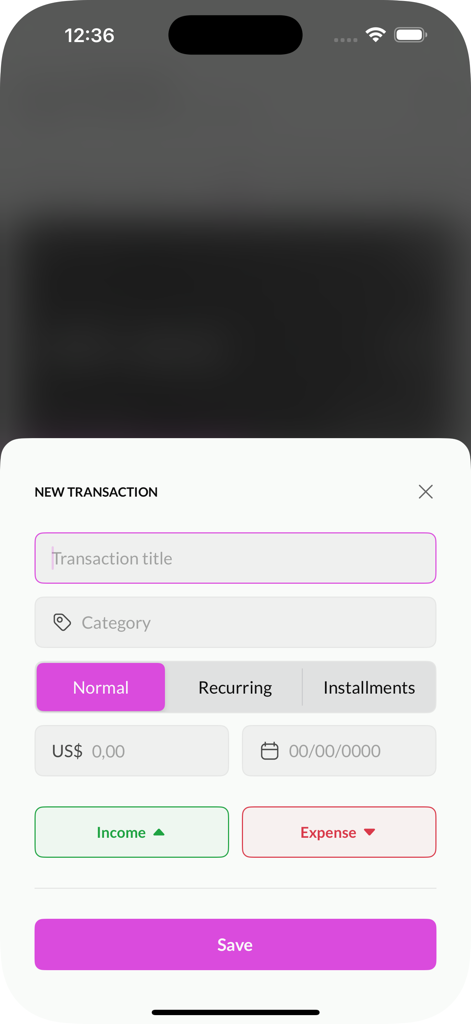 Finova - Interface for adding a new manual transaction in the Finova app featuring fields for title, category, type, and amount