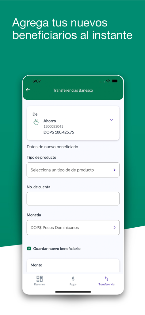 Pantalla de la aplicación móvil Banesco RD para agregar un nuevo beneficiario para realizar una transferencia.