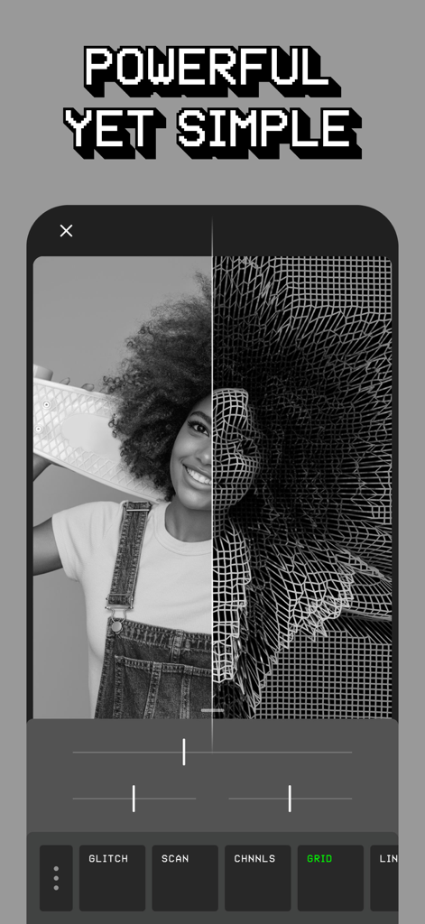 A split screen showing a portrait before and after a 3D wireframe grid effect in the Glitche app interface.