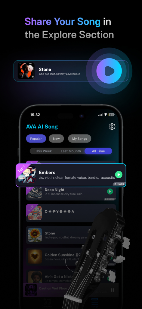 Seção explorar do aplicativo Gerador de Músicas AI com faixas populares da comunidade e categorias de música.