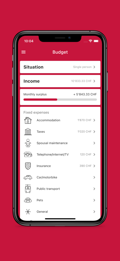 BudgetCH - BudgetCH app dashboard displaying monthly income, surplus, and categorized fixed expenses