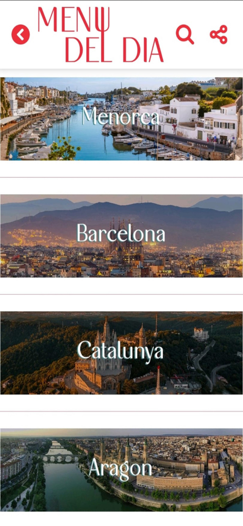 Pantalla de la aplicación Menú del Día mostrando regiones de comedor incluyendo Menorca Barcelona Cataluña y Aragón