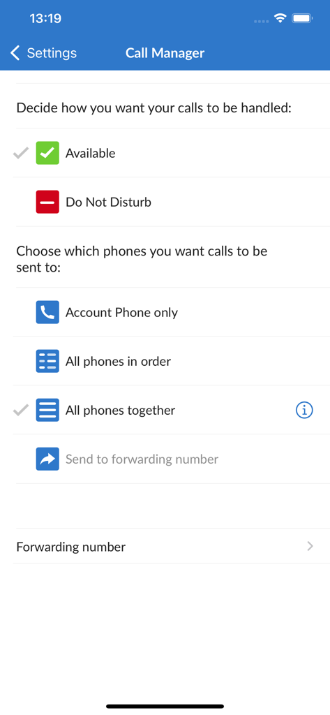 MaX UC - MaX UC app Call Manager interface showing status and call routing settings