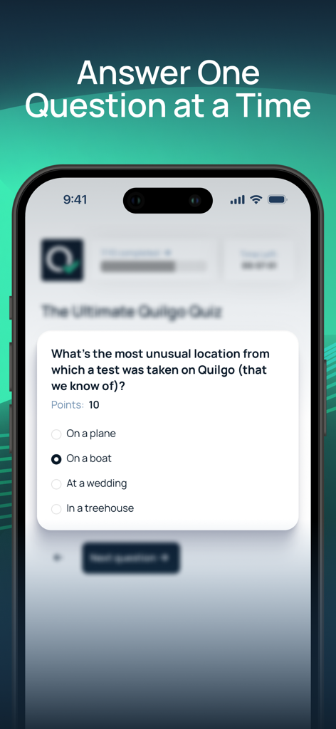 Quilgo - Smartphone screen displaying a multiple choice question on the Quilgo online assessment platform.