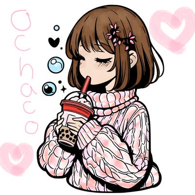 manga girl drinking boba in cozy sweater