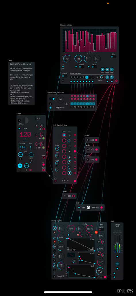 Audulus 4 - A complex modular synthesis patch in Audulus 4 showing interconnected modules like a drum synth and clock.