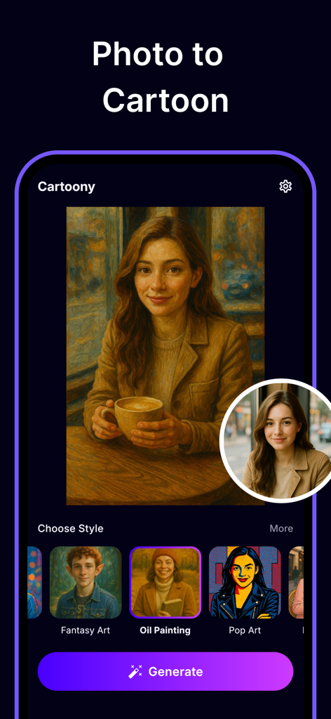 Cartoony: Cartoon Photo Editor - Captura de pantalla de la aplicación Cartoony mostrando una foto de una mujer transformada en un estilo de pintura al óleo con un menú de selección de estilo debajo.