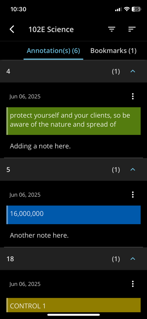 Pivot Point Reader - Interfaz mostrando anotaciones guardadas y resaltados codificados por color dentro de la aplicación móvil Pivot Point Reader.