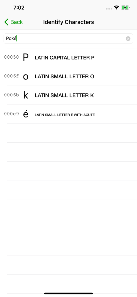 A screenshot showing the Identify Characters feature of the Unicode Character Viewer app, breaking down the word Poké into individual Latin capital and small letters with their hex codes.