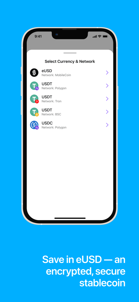 Sentz – The Global Payment App - A mobile interface of the Sentz app showing a list of stablecoin options like eUSD, USDT, and USDC across different blockchain networks