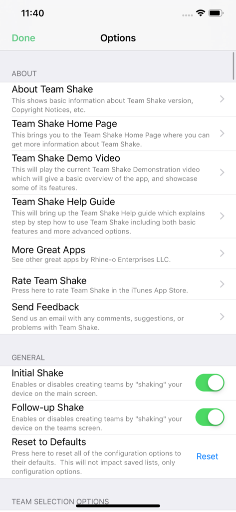 Team Shake - Options menu in the Team Shake app showing About and General settings with toggle switches for shaking features