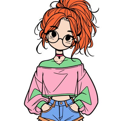girl with a messy ponytail glasses a baggy crop top and jean shorts