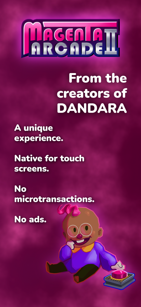 Gráfico promocional de Magenta Arcade II con características del juego y un personaje científico peculiar