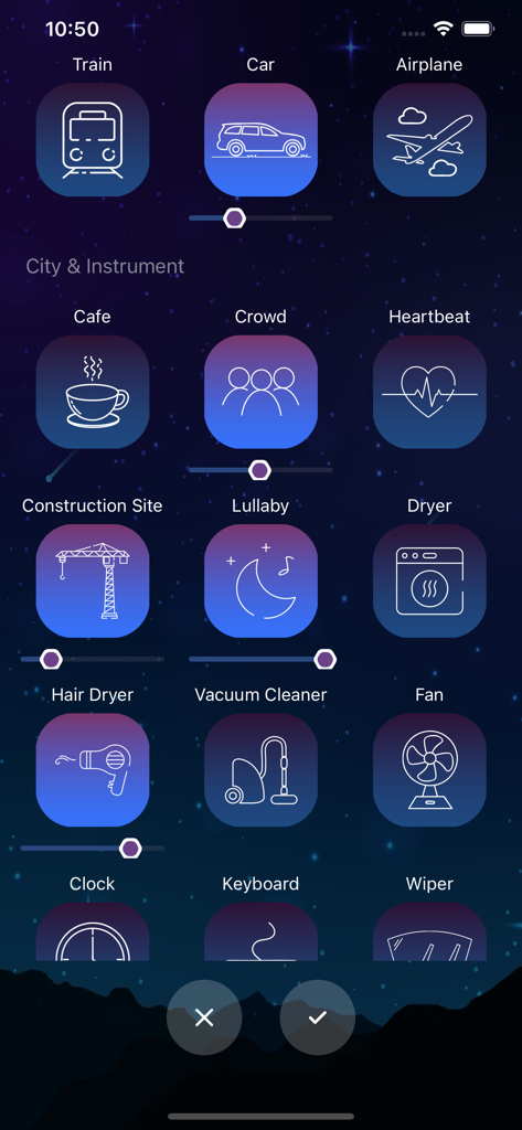 A mobile interface for creating custom ambient sound mixes with icons for city and household noises like train, car, and cafe.