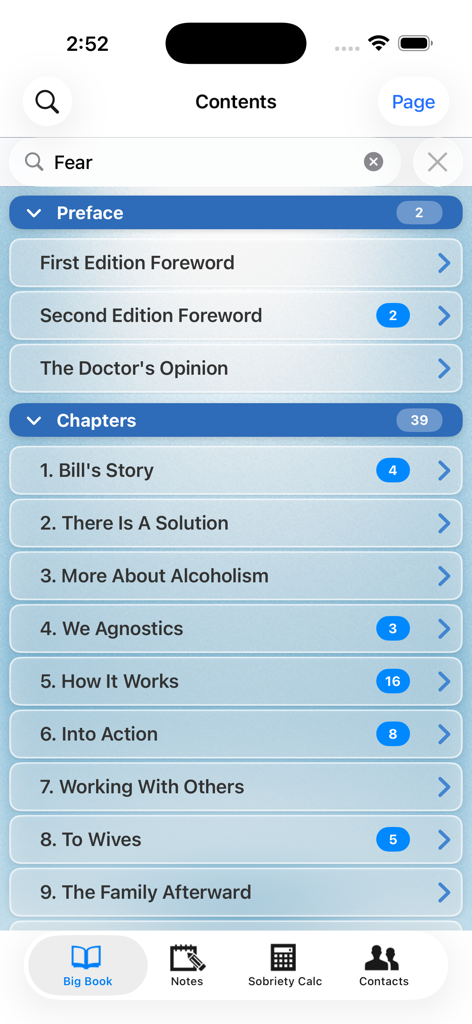 12 Steps Companion AA Big Book - Table of contents screen in the 12 Steps Companion AA Big Book app showing chapter list and search functionality