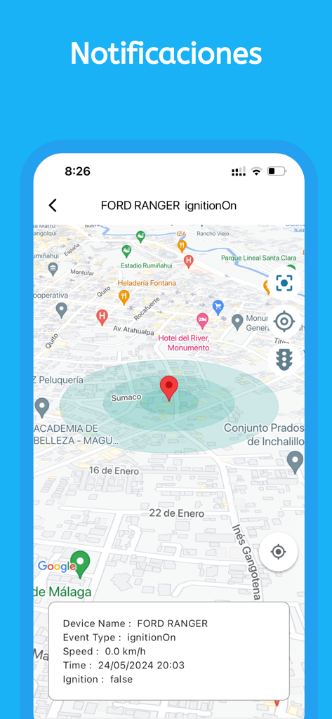 EcuaGPS - EcuaGPS app showing a vehicle ignition notification and location on a map.