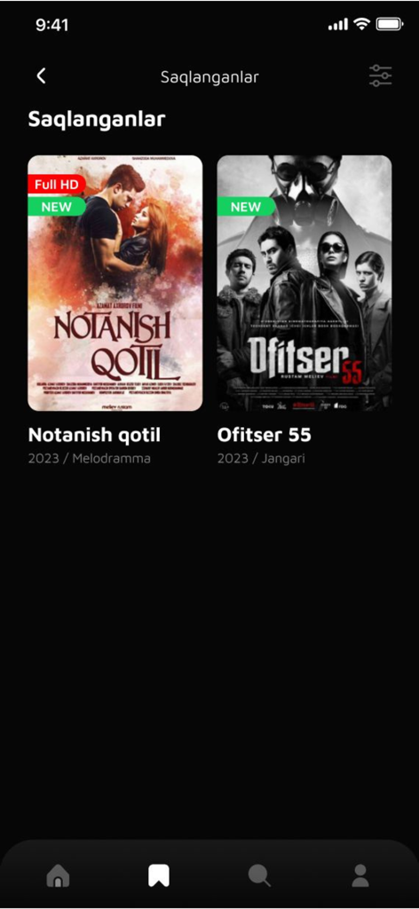 Panda Tv - Panda Tv app interface showing a list of saved Uzbek movies with posters for Notanish qotil and Ofitser 55.