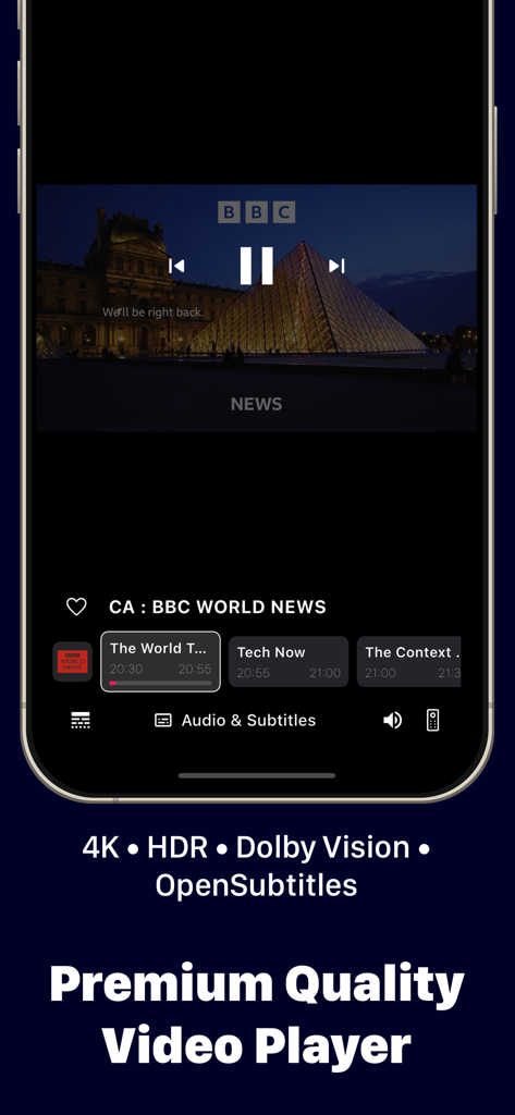 IPTV One Player mobile app interface showing live news streaming with 4K and HDR playback controls