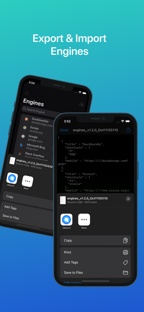 xSearch for Safari - xSearch for Safari interface showing the Export and Import Engines feature with JSON code view on an iPhone.