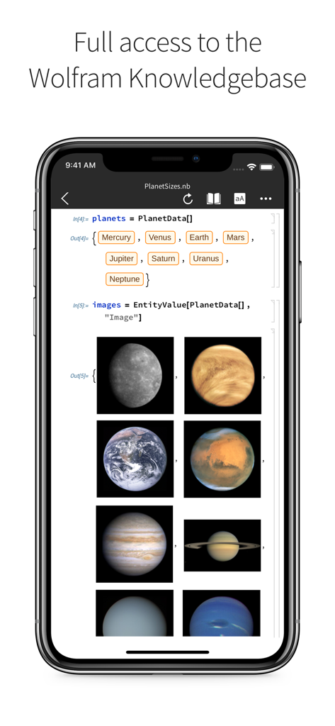 Wolfram Cloud - Aplicación Wolfram Cloud mostrando datos e imágenes de planetas de la Knowledgebase