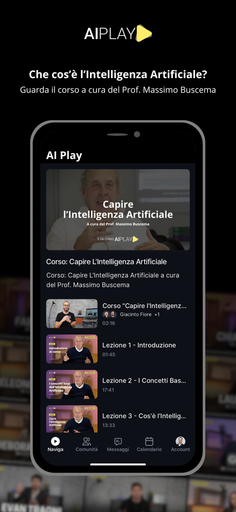 AI Play - AI Play app interface showing video lessons on Artificial Intelligence for professionals.