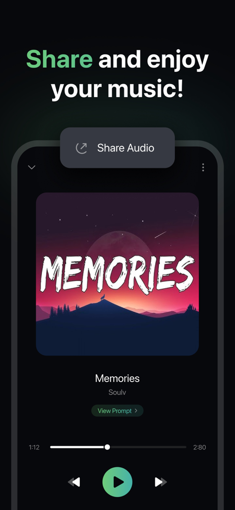 AI Song Creator & Maker - SS9 - Interfaz de un reproductor de música móvil en la aplicación SongSeed que muestra un botón para compartir audio de una canción generada por IA.