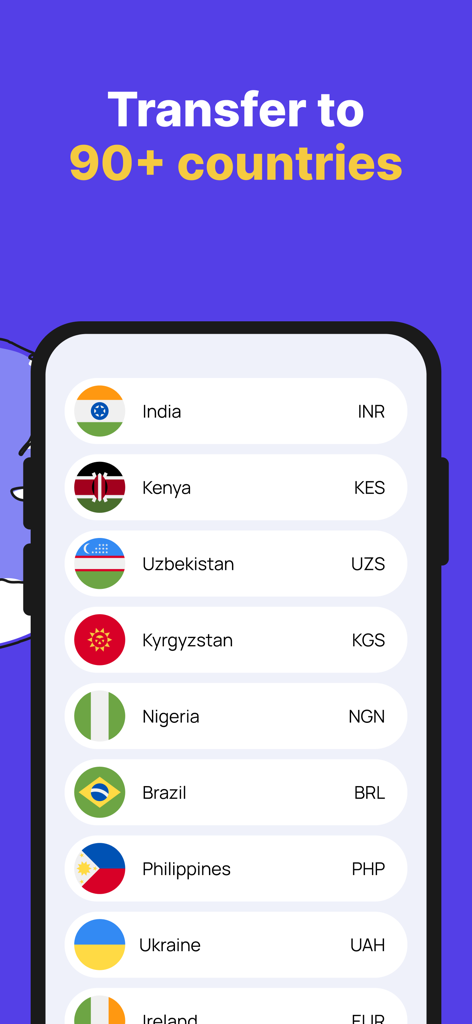 Profee app screen displaying a list of over 90 supported countries for international money transfers