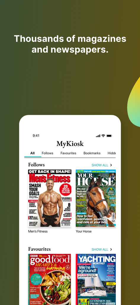 YUMPU Magazines and Newspapers - Smartphone screen displaying the YUMPU app MyKiosk section with various magazine covers